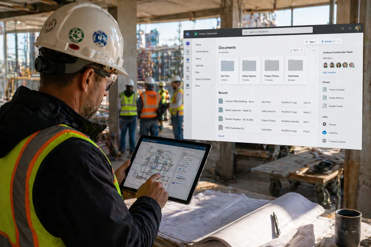 Construction manager reviewing digital plans and SharePoint project documents on site