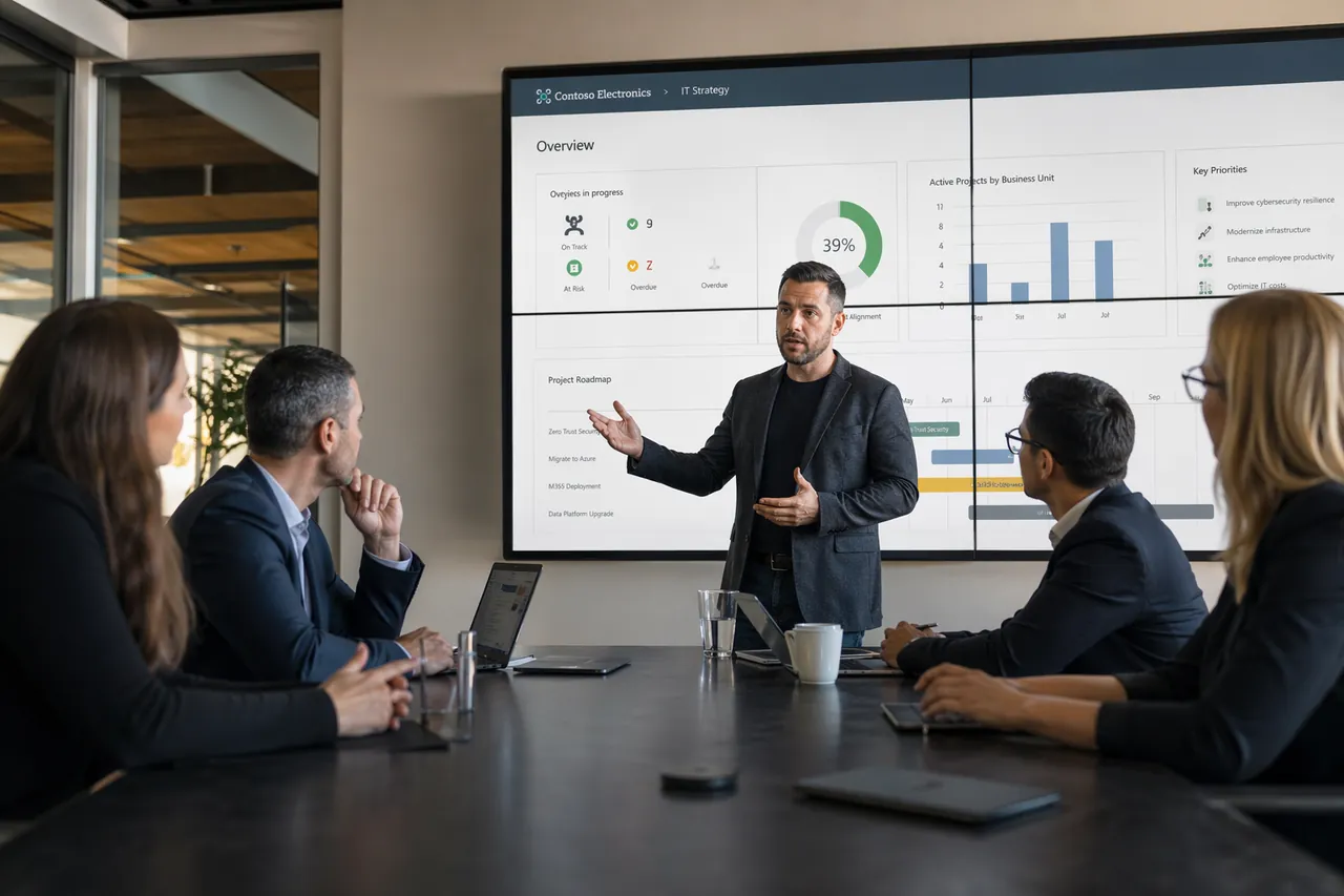 Monster MSP consultant leading an IT strategy review with client stakeholders