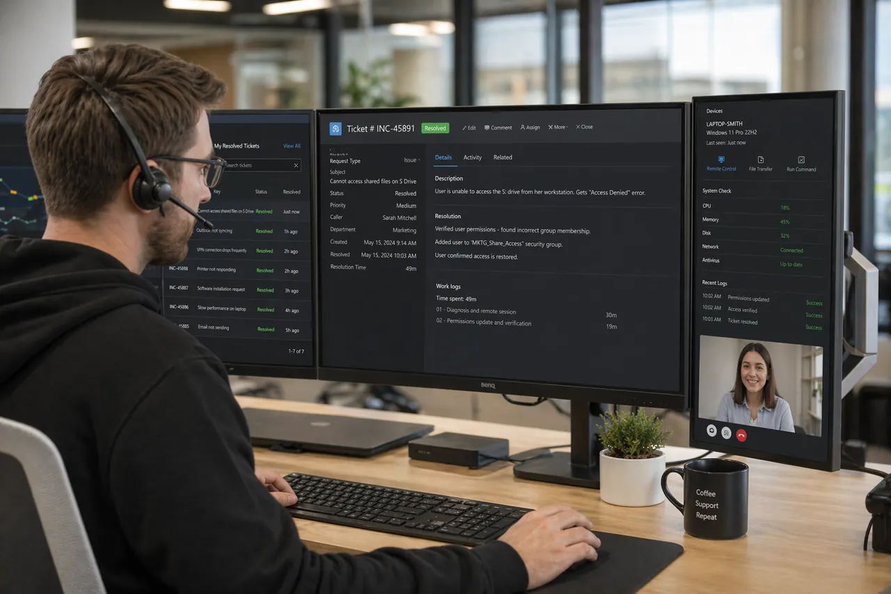 Monster MSP specialist resolving support tickets and verifying remote device status