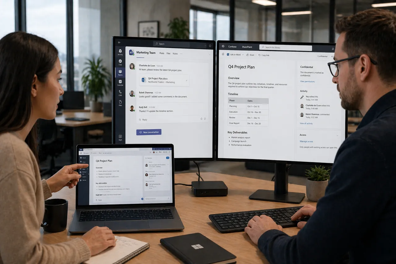 Team reviewing Microsoft 365 documents across Teams and SharePoint