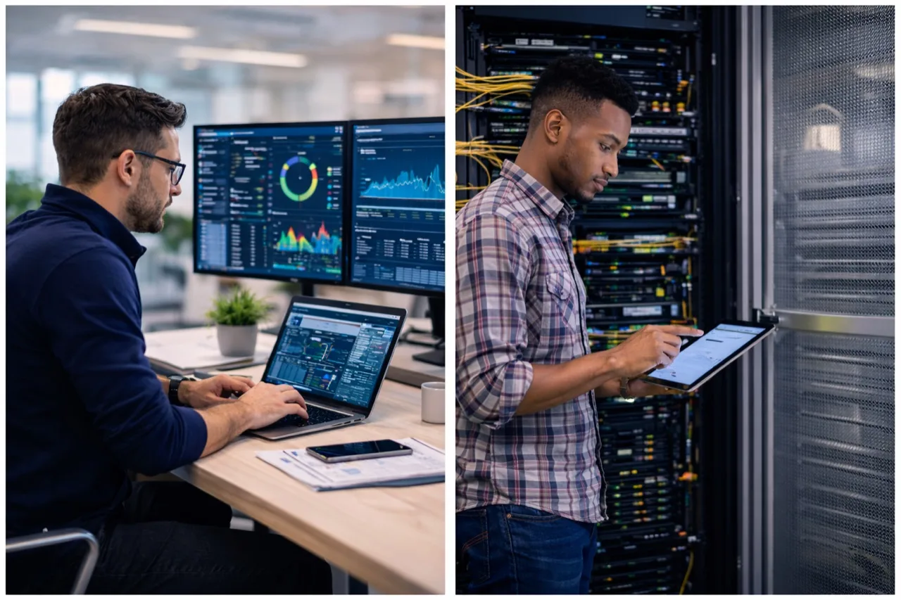 Monster MSP technician reviewing operational dashboards during assessment prep