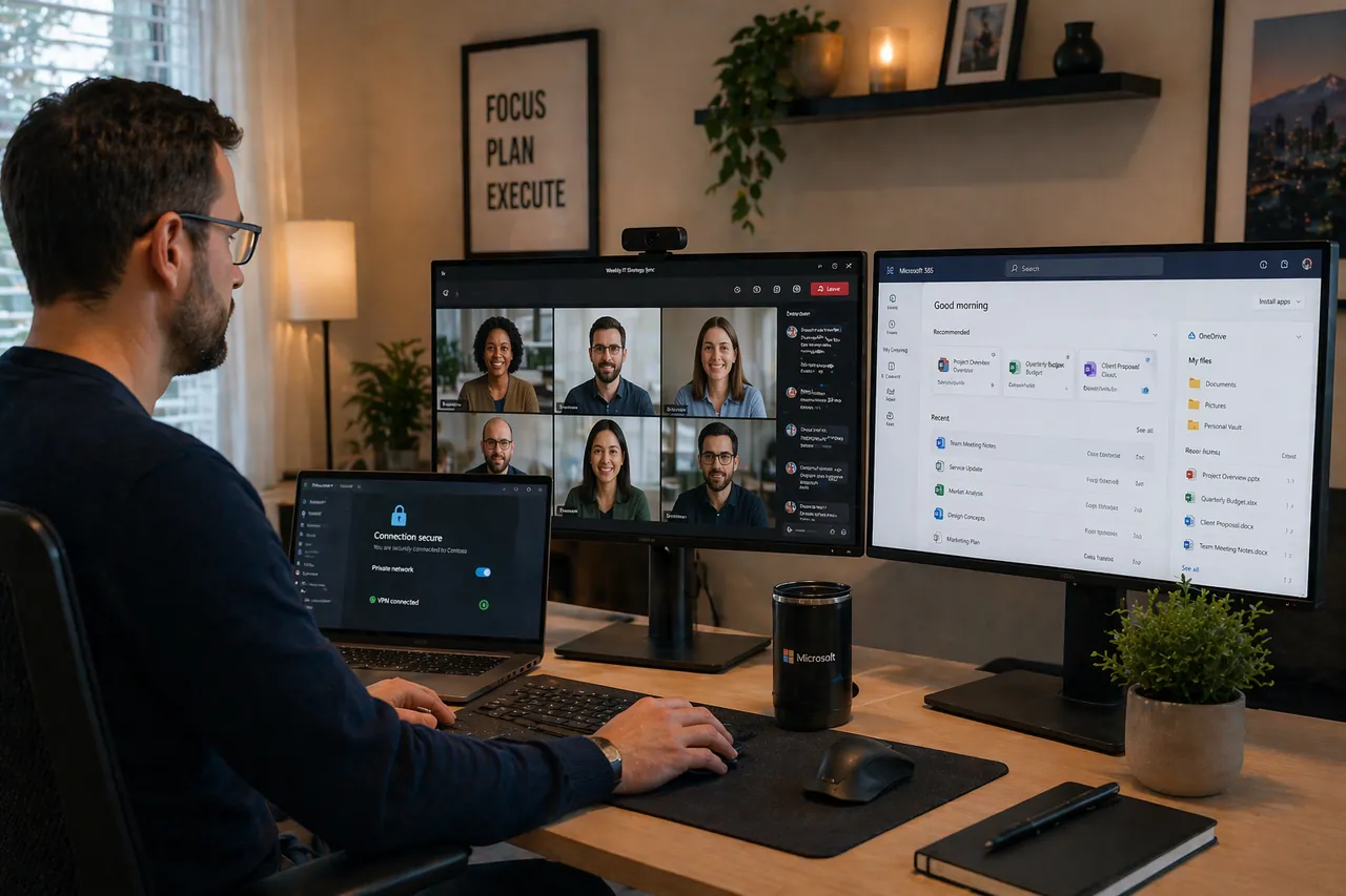 Remote worker using secure Microsoft collaboration and desktop tools from a managed workstation
